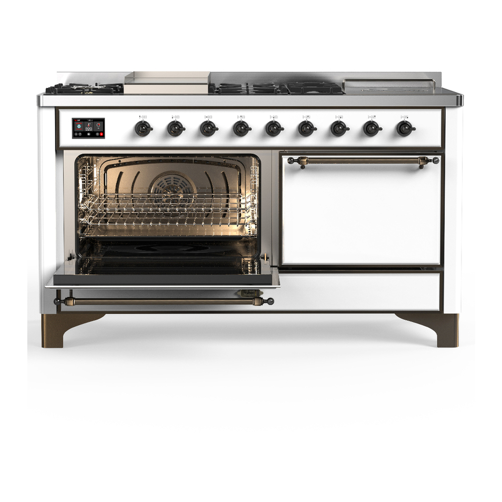 ILVE UM60FSQNR3WHBLP Majestic III 60 inch Dual Fuel Range with 7 Burners, Griddle and French Top, Dual Function Burner with up to 25,000 BTU (Liquid Propane, Solid Door, White, Burnished) 3 ILVE-UM60FSQNR3WHBLP-Primary Oven Open View