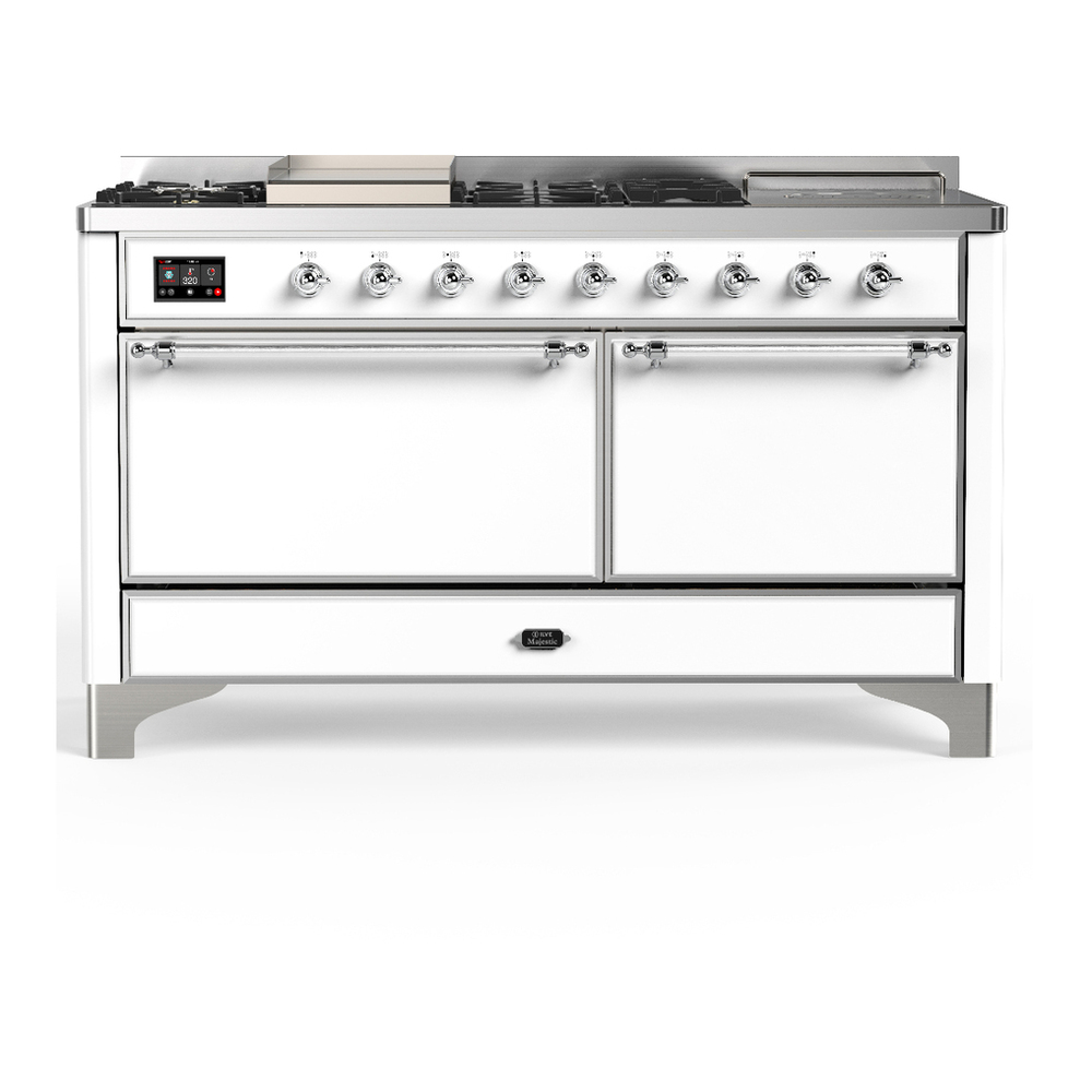 ILVE UM60FSQNR3WHCLP Majestic III 60 inch Dual Fuel Range with 7 Burners, Griddle and French Top, Dual Function Burner with up to 25,000 BTU (Liquid Propane, Solid Door, White, Chrome) 1 UM60FSQNR3WHCLP