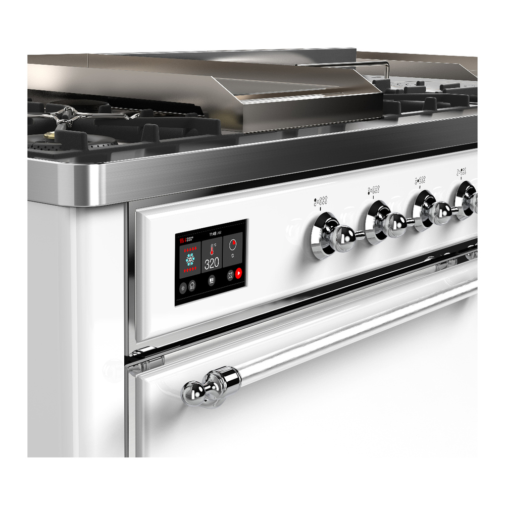 ILVE UM60FSQNR3WHCLP Majestic III 60 inch Dual Fuel Range with 7 Burners, Griddle and French Top, Dual Function Burner with up to 25,000 BTU (Liquid Propane, Solid Door, White, Chrome) 7 ILVE-UM60FSQNR3WHCLP-Control Knobs View