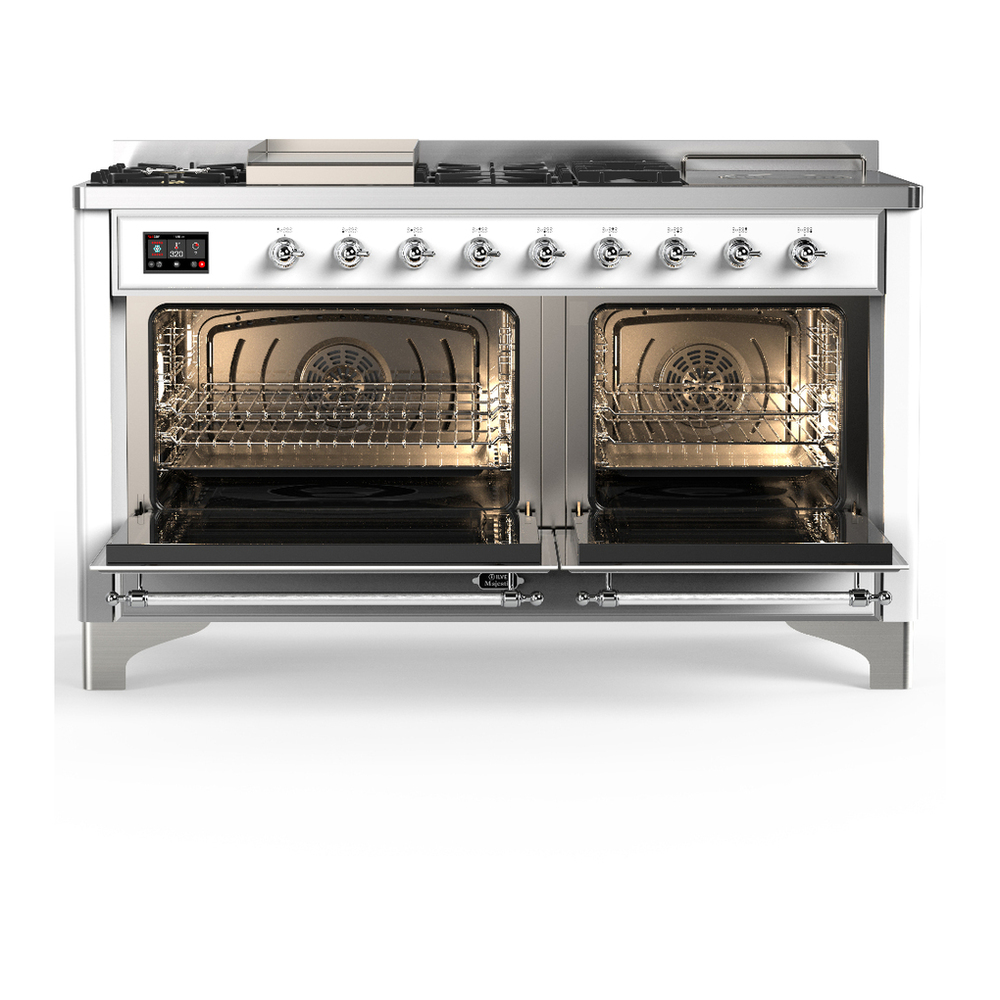ILVE UM60FSQNR3WHCLP Majestic III 60 inch Dual Fuel Range with 7 Burners, Griddle and French Top, Dual Function Burner with up to 25,000 BTU (Liquid Propane, Solid Door, White, Chrome) 2 ILVE-UM60FSQNR3WHCLP-Double Oven Open View