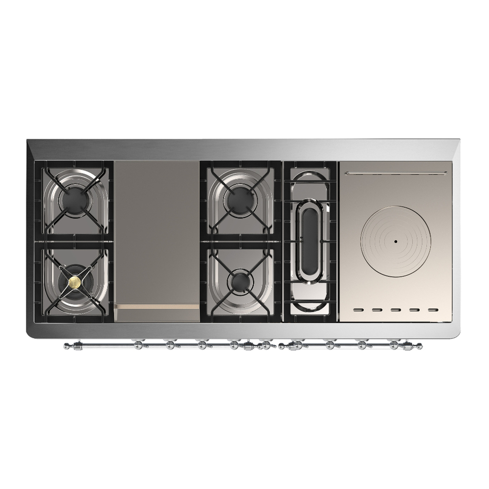 ILVE UM60FSQNR3WHCLP Majestic III 60 inch Dual Fuel Range with 7 Burners, Griddle and French Top, Dual Function Burner with up to 25,000 BTU (Liquid Propane, Solid Door, White, Chrome) 6 ILVE-UM60FSQNR3WHCLP-Top View
