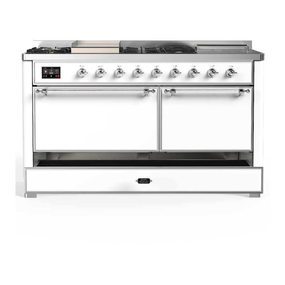 ILVE UM60FSQNR3WHCLP Majestic III 60 inch Dual Fuel Range with 7 Burners, Griddle and French Top, Dual Function Burner with up to 25,000 BTU (Liquid Propane, Solid Door, White, Chrome) 5 ILVE-UM60FSQNR3WHCLP-Drawer Open View