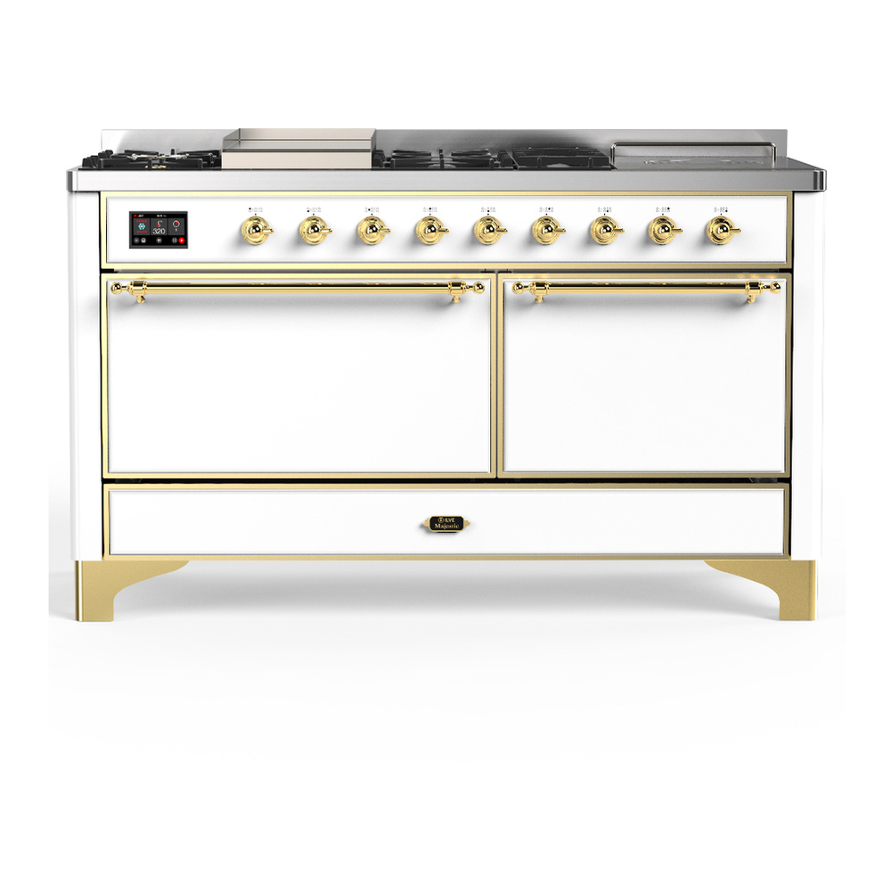 ILVE UM60FSQNR3WHGLP Majestic III 60 inch Dual Fuel Range with 7 Burners, Griddle and French Top, Dual Function Burner with up to 25,000 BTU (Liquid Propane, Solid Door, White, Brass) 1 UM60FSQNR3WHGLP