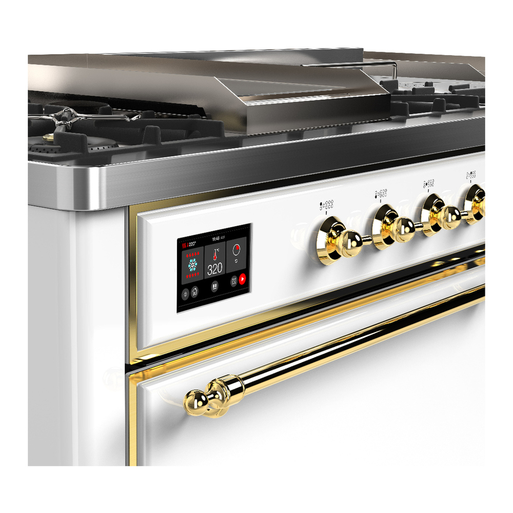 ILVE UM60FSQNR3WHGLP Majestic III 60 inch Dual Fuel Range with 7 Burners, Griddle and French Top, Dual Function Burner with up to 25,000 BTU (Liquid Propane, Solid Door, White, Brass) 7 ILVE-UM60FSQNR3WHGLP-Control Knobs View