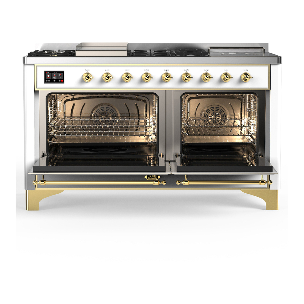 ILVE UM60FSQNR3WHGLP Majestic III 60 inch Dual Fuel Range with 7 Burners, Griddle and French Top, Dual Function Burner with up to 25,000 BTU (Liquid Propane, Solid Door, White, Brass) 2 ILVE-UM60FSQNR3WHGLP-Double Oven Open View