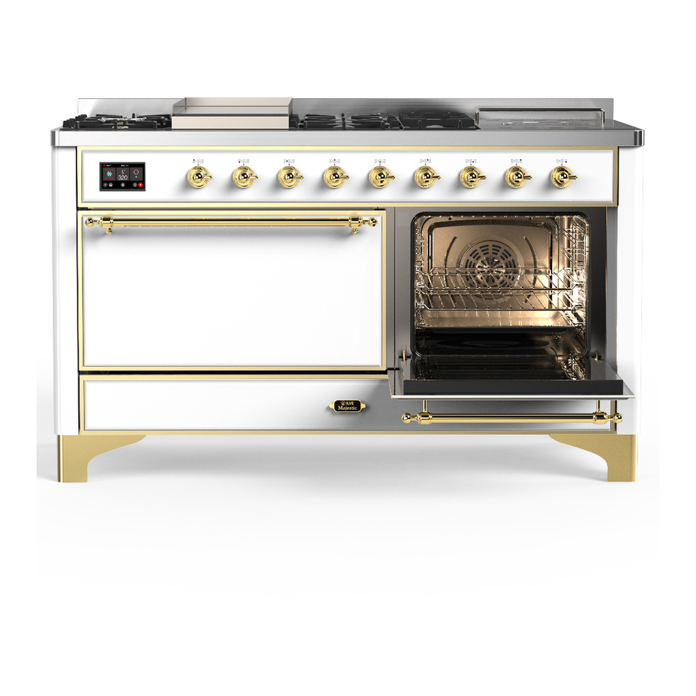 ILVE UM60FSQNR3WHGLP Majestic III 60 inch Dual Fuel Range with 7 Burners, Griddle and French Top, Dual Function Burner with up to 25,000 BTU (Liquid Propane, Solid Door, White, Brass) 4 ILVE-UM60FSQNR3WHGLP-Secondary Oven Open View