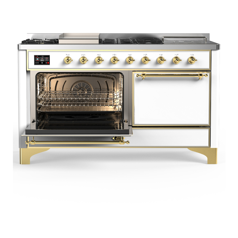 ILVE UM60FSQNR3WHGLP Majestic III 60 inch Dual Fuel Range with 7 Burners, Griddle and French Top, Dual Function Burner with up to 25,000 BTU (Liquid Propane, Solid Door, White, Brass) 3 ILVE-UM60FSQNR3WHGLP-Primary Oven Open View