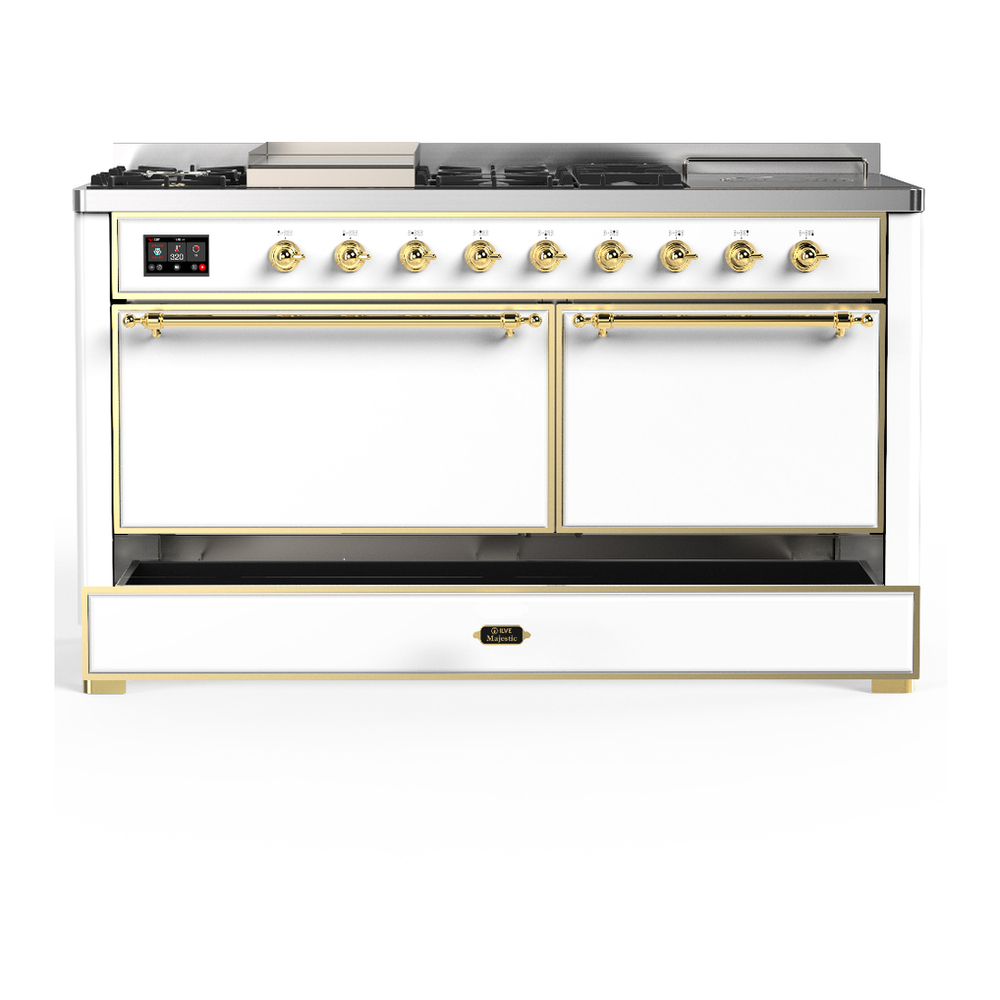 ILVE UM60FSQNR3WHGLP Majestic III 60 inch Dual Fuel Range with 7 Burners, Griddle and French Top, Dual Function Burner with up to 25,000 BTU (Liquid Propane, Solid Door, White, Brass) 5 ILVE-UM60FSQNR3WHGLP-Drawer Open View