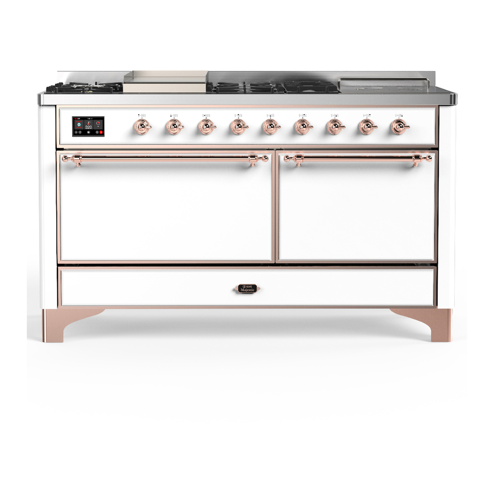 ILVE UM60FSQNR3WHPLP Majestic III 60 inch Dual Fuel Range with 7 Burners, Griddle and French Top, Dual Function Burner with up to 25,000 BTU (Liquid Propane, Solid Door, White, Copper) 1 UM60FSQNR3WHPLP