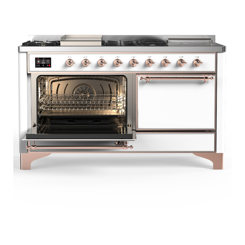 ILVE UM60FSQNR3WHPLP Majestic III 60 inch Dual Fuel Range with 7 Burners, Griddle and French Top, Dual Function Burner with up to 25,000 BTU (Liquid Propane, Solid Door, White, Copper) 3 ILVE-UM60FSQNR3WHPLP-Primary Oven Open View