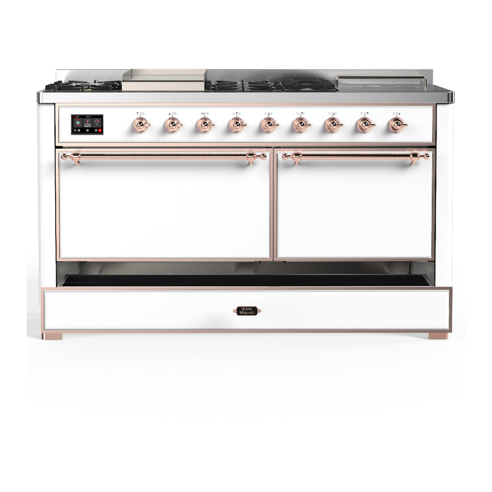 ILVE UM60FSQNR3WHPLP Majestic III 60 inch Dual Fuel Range with 7 Burners, Griddle and French Top, Dual Function Burner with up to 25,000 BTU (Liquid Propane, Solid Door, White, Copper) 5 ILVE-UM60FSQNR3WHPLP-Drawer Open View