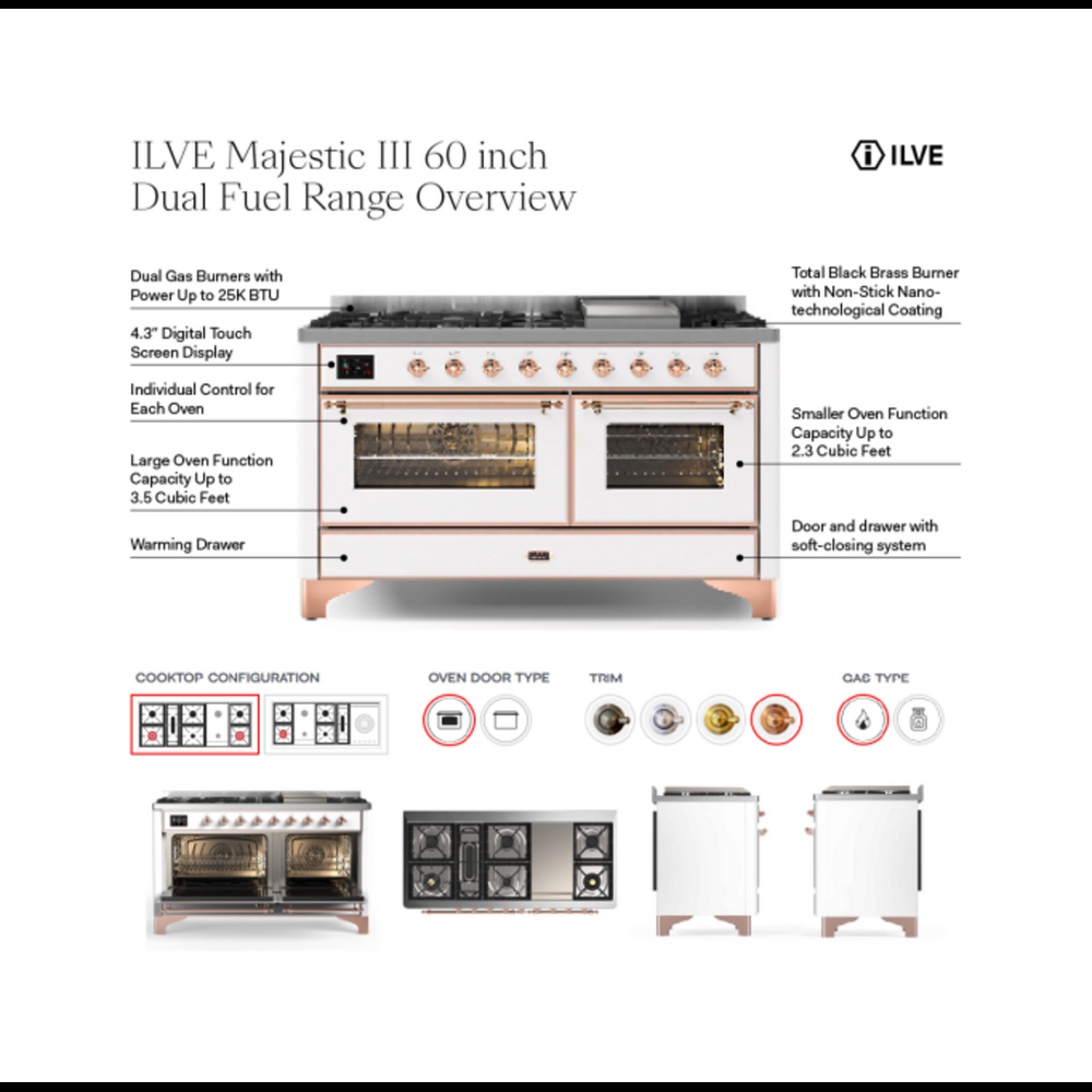 ILVE UM60FSQNR3WHPLP Majestic III 60 inch Dual Fuel Range with 7 Burners, Griddle and French Top, Dual Function Burner with up to 25,000 BTU (Liquid Propane, Solid Door, White, Copper) 2 ILVE UM60FS Majestic III 60 inch Dual Fuel Range with 7 Burners, Griddle and French Top, Dual Function Burner with up to 25,000 BTU