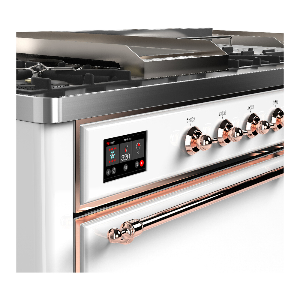 ILVE UM60FSQNR3WHP Majestic III 60 inch Dual Fuel Range with 7 Burners, Griddle and French Top, Dual Function Burner with up to 25,000 BTU (Natural Gas, Solid Door, White, Copper) 7 ILVE-UM60FSQNR3WHP-Control Knobs View