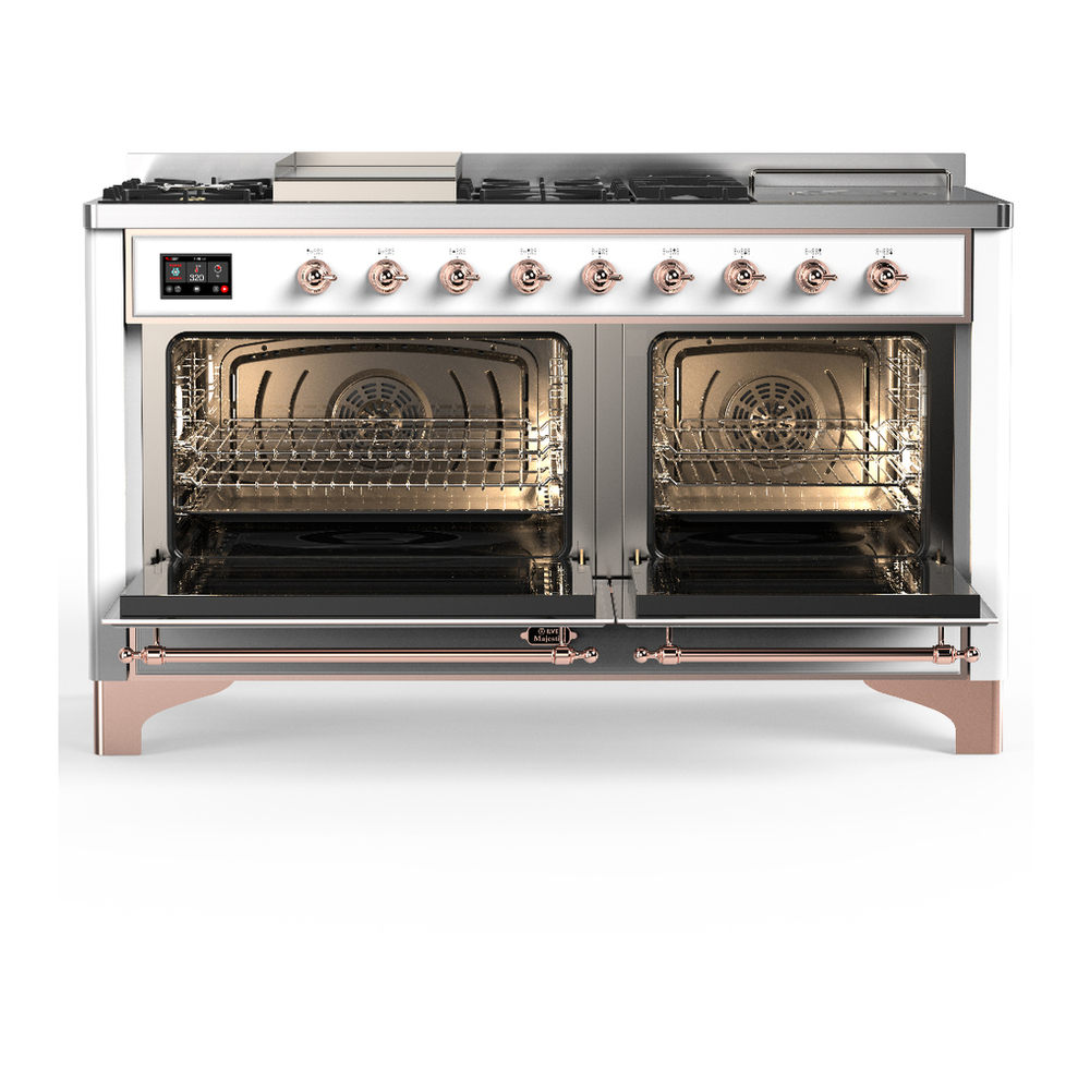 ILVE UM60FSQNR3WHP Majestic III 60 inch Dual Fuel Range with 7 Burners, Griddle and French Top, Dual Function Burner with up to 25,000 BTU (Natural Gas, Solid Door, White, Copper) 2 ILVE-UM60FSQNR3WHP-Double Oven Open View