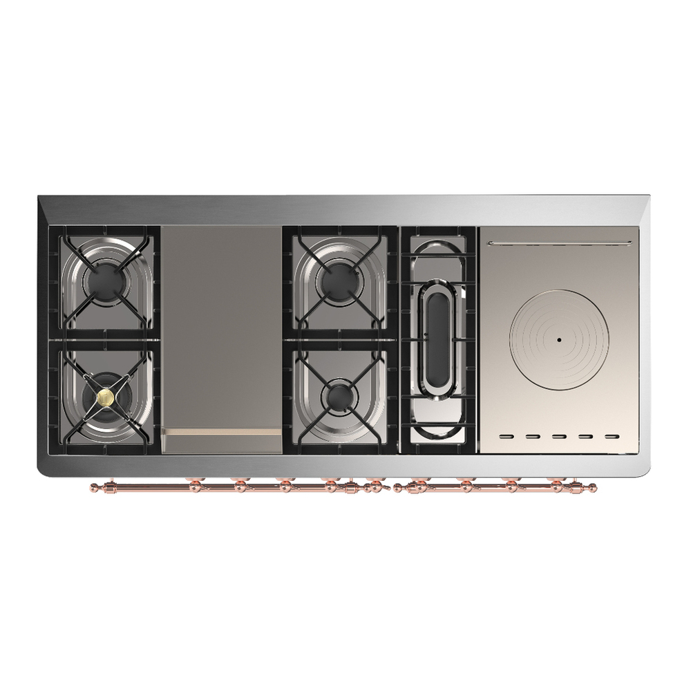 ILVE UM60FSQNR3WHP Majestic III 60 inch Dual Fuel Range with 7 Burners, Griddle and French Top, Dual Function Burner with up to 25,000 BTU (Natural Gas, Solid Door, White, Copper) 6 ILVE-UM60FSQNR3WHP-Top View