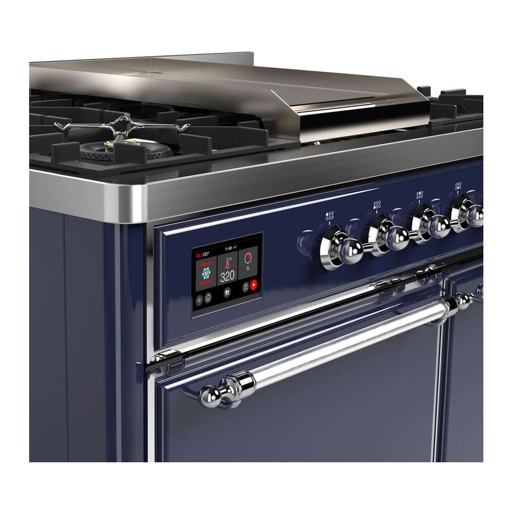 ILVE UMD10FDQNS3MBCLP Majestic II 40 inch Dual Fuel Range with 6 Burners, Griddle (Liquid Propane, Solid Door, Midnight Blue, Chrome) 5 ILVE_UMD10FDQNS3MBCLP_Majestic_II_40"_Dual_Fuel_Range_Front_View