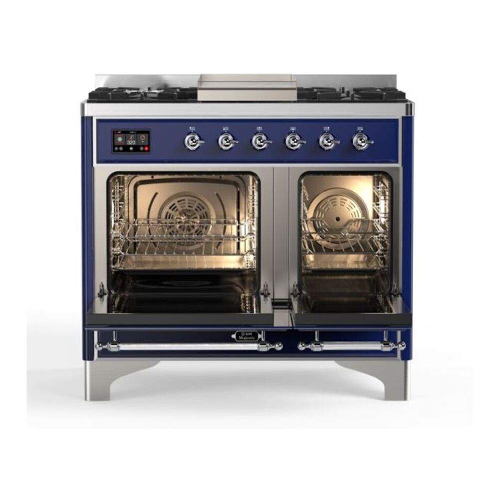 ILVE UMD10FDQNS3MBCLP Majestic II 40 inch Dual Fuel Range with 6 Burners, Griddle (Liquid Propane, Solid Door, Midnight Blue, Chrome) 6 ILVE_UMD10FDQNS3MBCLP_Majestic_II_40"_Dual_Fuel_Range_Top_Angle