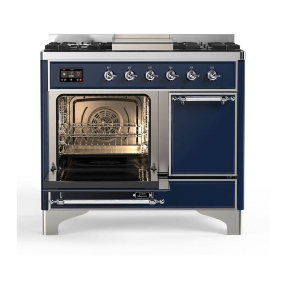 ILVE UMD10FDQNS3MBCLP Majestic II 40 inch Dual Fuel Range with 6 Burners, Griddle (Liquid Propane, Solid Door, Midnight Blue, Chrome) 7 ILVE_UMD10FDQNS3MBCLP_Majestic_II_40"_Dual_Fuel_Range_Left_Angle