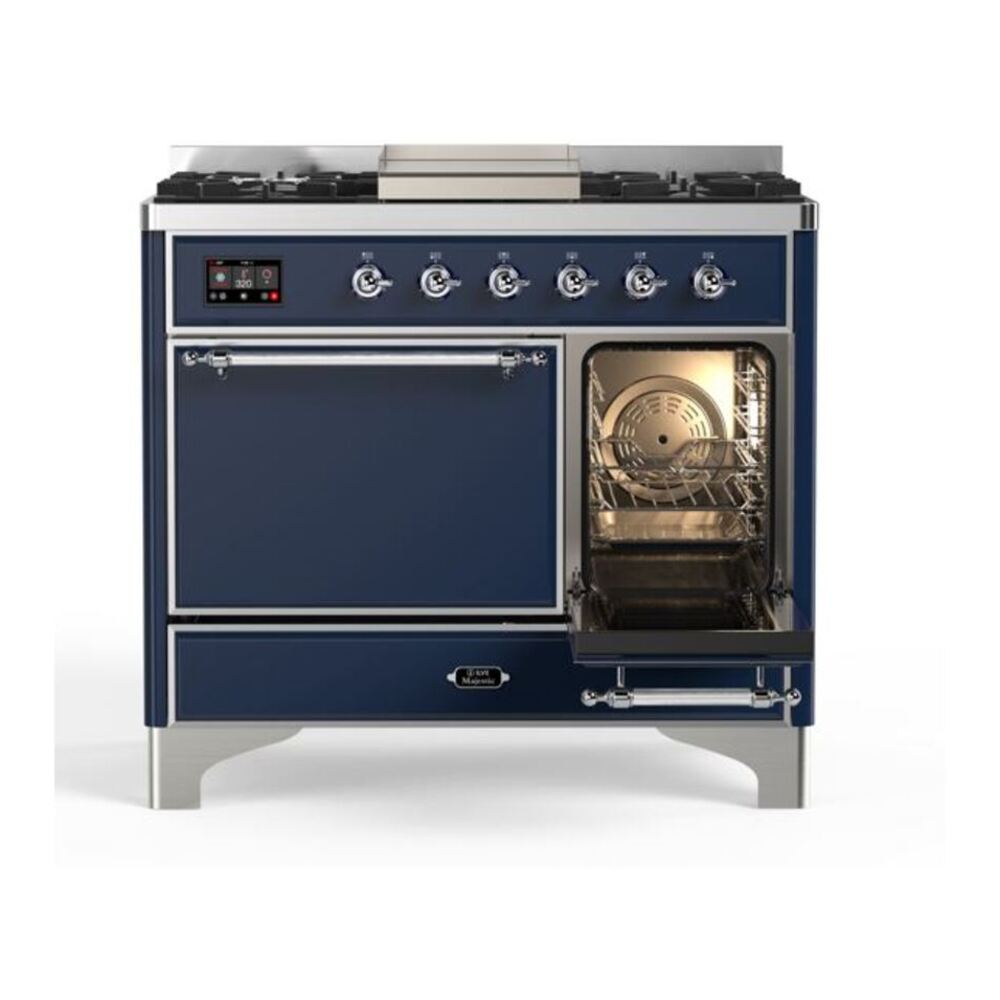 ILVE UMD10FDQNS3MBCLP Majestic II 40 inch Dual Fuel Range with 6 Burners, Griddle (Liquid Propane, Solid Door, Midnight Blue, Chrome) 8 ILVE_UMD10FDQNS3MBCLP_Majestic_II_40"_Dual_Fuel_Range_Right_Angle