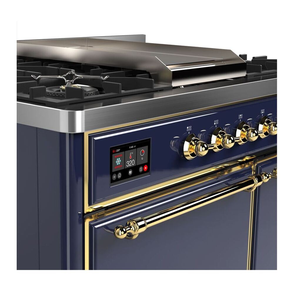 ILVE UMD10FDQNS3MBG Majestic II 40 inch Dual Fuel Range with 6 Burners, Griddle (Natural Gas, Solid Door, Midnight Blue, Brass) 5 ILVE_UMD10FDQNS3MBG_Majestic_II_40_Dual_Fuel_Range_Front_View