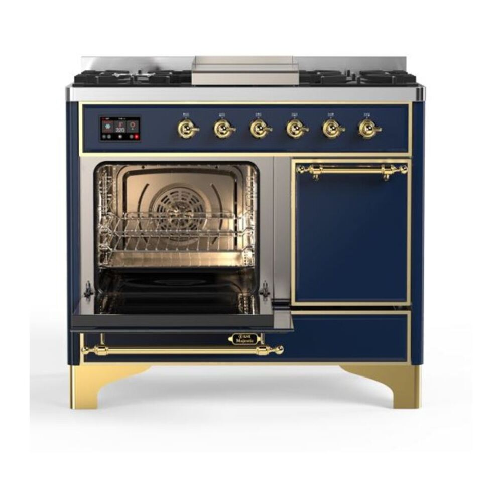 ILVE UMD10FDQNS3MBG Majestic II 40 inch Dual Fuel Range with 6 Burners, Griddle (Natural Gas, Solid Door, Midnight Blue, Brass) 7 ILVE_UMD10FDQNS3MBG_Majestic_II_40"_Dual_Fuel_Range_Left_Angle