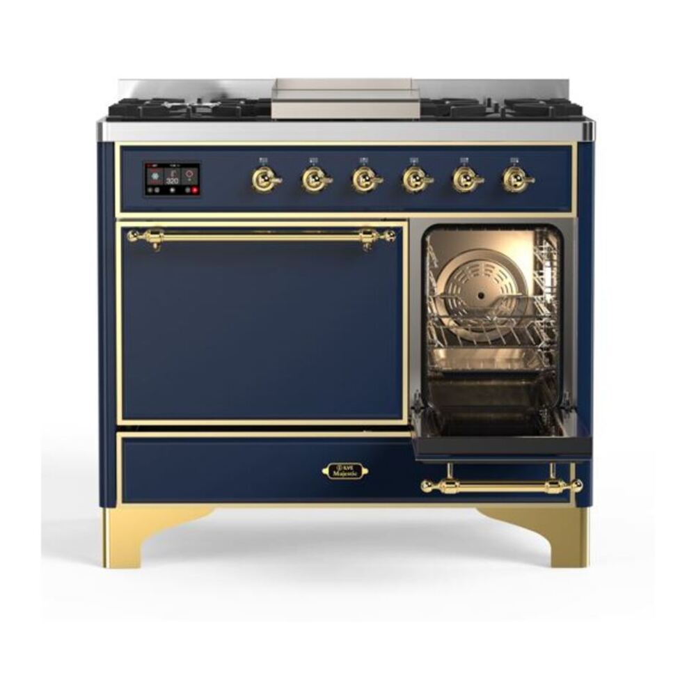 ILVE UMD10FDQNS3MBG Majestic II 40 inch Dual Fuel Range with 6 Burners, Griddle (Natural Gas, Solid Door, Midnight Blue, Brass) 8 ILVE_UMD10FDQNS3MBG_Majestic_II_40"_Dual_Fuel_Range_Right_Angle