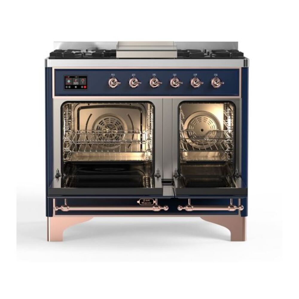ILVE UMD10FDQNS3MBP Majestic II 40 inch Dual Fuel Range with 6 Burners, Griddle (Natural Gas, Solid Door, Midnight Blue, Copper) 6 ILVE_UMD10FDQNS3MBP_Majestic_II_40"_Dual_Fuel_Range_Top_Angle