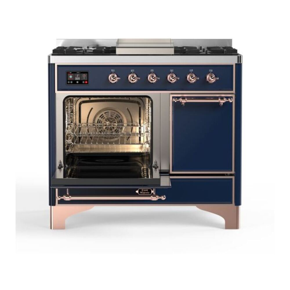 ILVE UMD10FDQNS3MBP Majestic II 40 inch Dual Fuel Range with 6 Burners, Griddle (Natural Gas, Solid Door, Midnight Blue, Copper) 7 ILVE_UMD10FDQNS3MBP_Majestic_II_40_Dual_Fuel_Range_Left_Angle