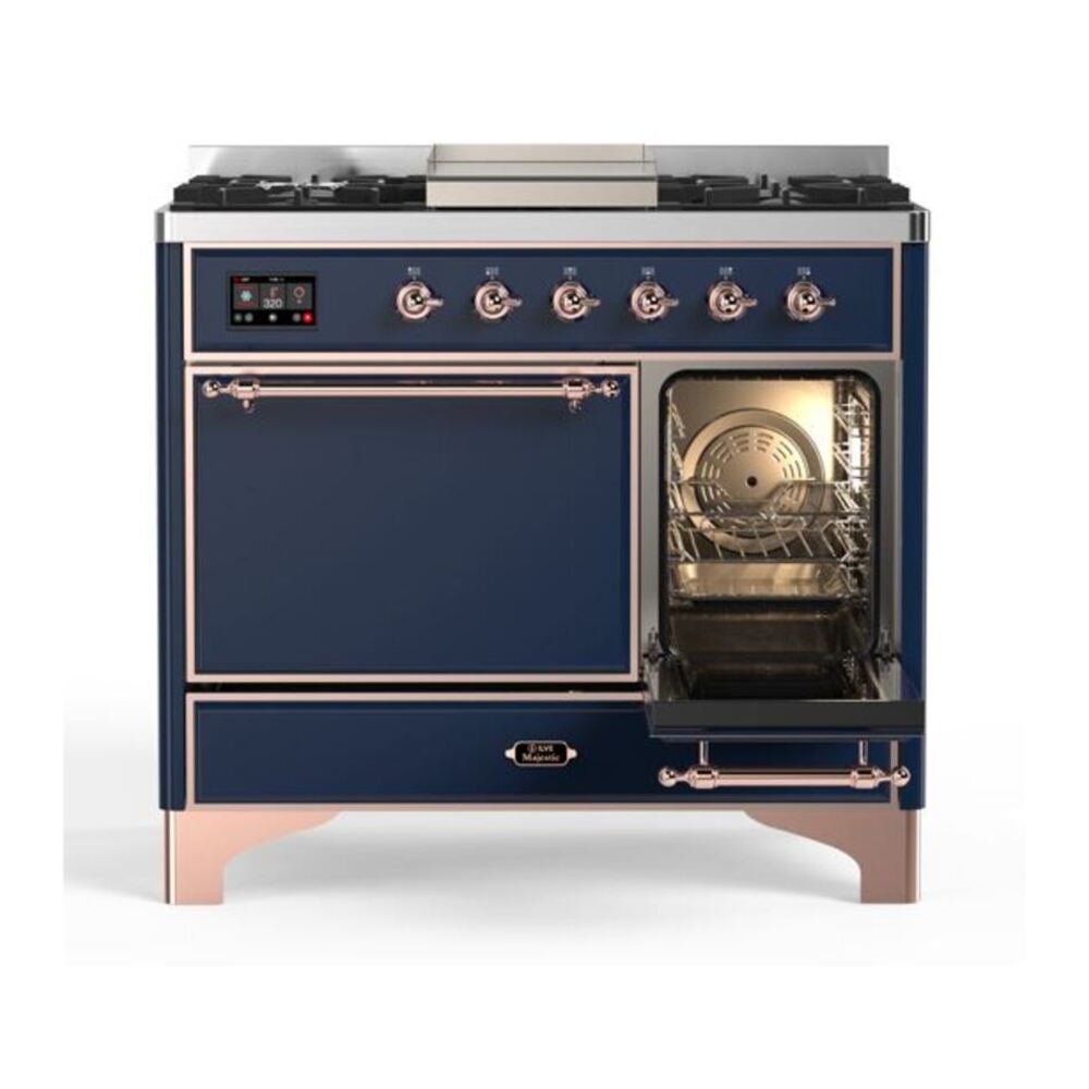 ILVE UMD10FDQNS3MBP Majestic II 40 inch Dual Fuel Range with 6 Burners, Griddle (Natural Gas, Solid Door, Midnight Blue, Copper) 8 ILVE_UMD10FDQNS3MBP_Majestic_II_40"_Dual_Fuel_Range_Right_Angle