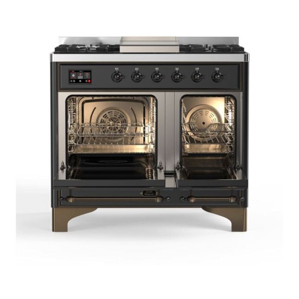 ILVE UMD10FDQNS3MGB Majestic II 40 inch Dual Fuel Range with 6 Burners, Griddle (Natural Gas, Solid Door, Graphite Matte, Burnished) 6 ILVE_UMD10FDQNS3MGB_Majestic_II_40_Dual_Fuel_Range_Top_Angle