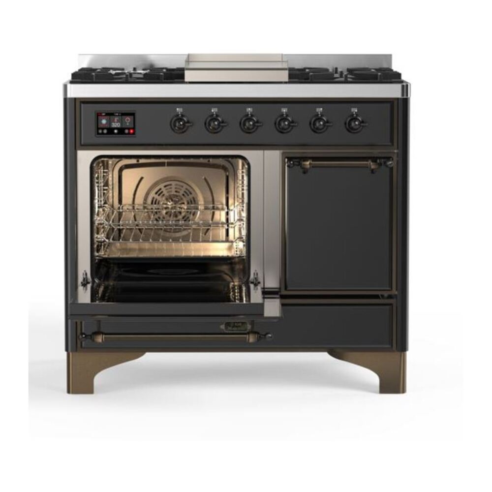 ILVE UMD10FDQNS3MGB Majestic II 40 inch Dual Fuel Range with 6 Burners, Griddle (Natural Gas, Solid Door, Graphite Matte, Burnished) 7 ILVE_UMD10FDQNS3MGB_Majestic_II_40_Dual_Fuel_Range_Left_Angle