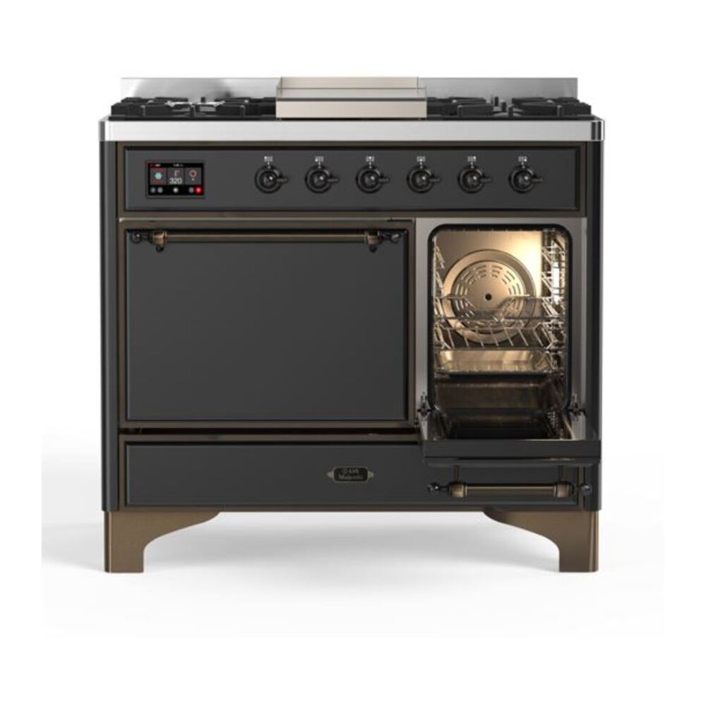 ILVE UMD10FDQNS3MGB Majestic II 40 inch Dual Fuel Range with 6 Burners, Griddle (Natural Gas, Solid Door, Graphite Matte, Burnished) 8 ILVE_UMD10FDQNS3MGB_Majestic_II_40"_Dual_Fuel_Range_Right_Angle