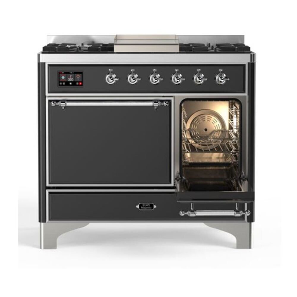 ILVE UMD10FDQNS3MGC Majestic II 40 inch Dual Fuel Range with 6 Burners, Griddle (Natural Gas, Solid Door, Graphite Matte, Chrome) 8 ILVE_UMD10FDQNS3MGC_Majestic_II_40"_Dual_Fuel_Range_Right_Angle
