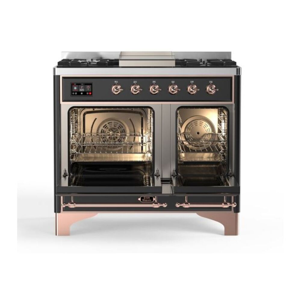 ILVE UMD10FDQNS3MGP Majestic II 40 inch Dual Fuel Range with 6 Burners, Griddle (Natural Gas, Solid Door, Graphite Matte, Copper) 6 ILVE_UMD10FDQNS3MGP_Majestic_II_40"_Dual_Fuel_Range_Top_Angle