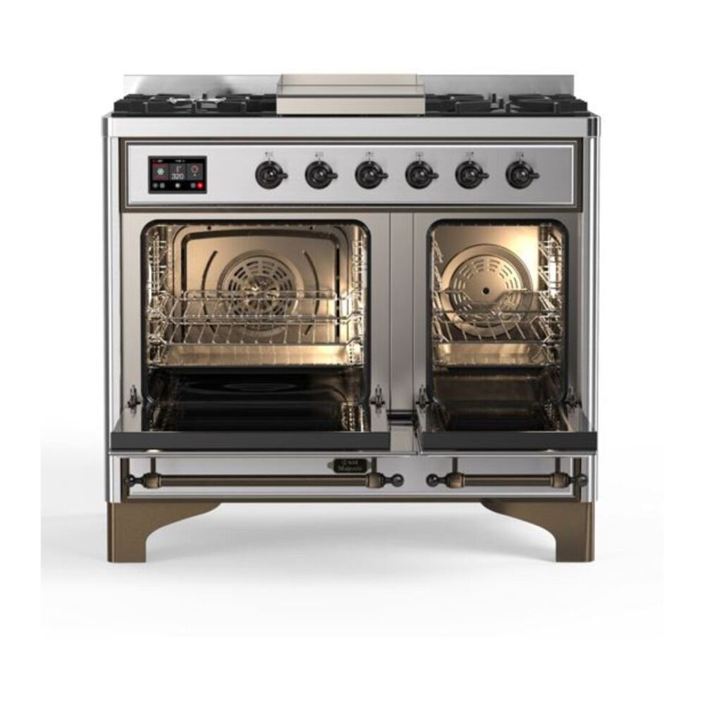 ILVE UMD10FDQNS3SSBLP Majestic II 40 inch Dual Fuel Range with 6 Burners, Griddle (Liquid Propane, Solid Door, Stainless Steel, Burnished) 6 ILVE_UMD10FDQNS3SSBLP_Majestic_II_40"_Dual_Fuel_Range_Top_Angle
