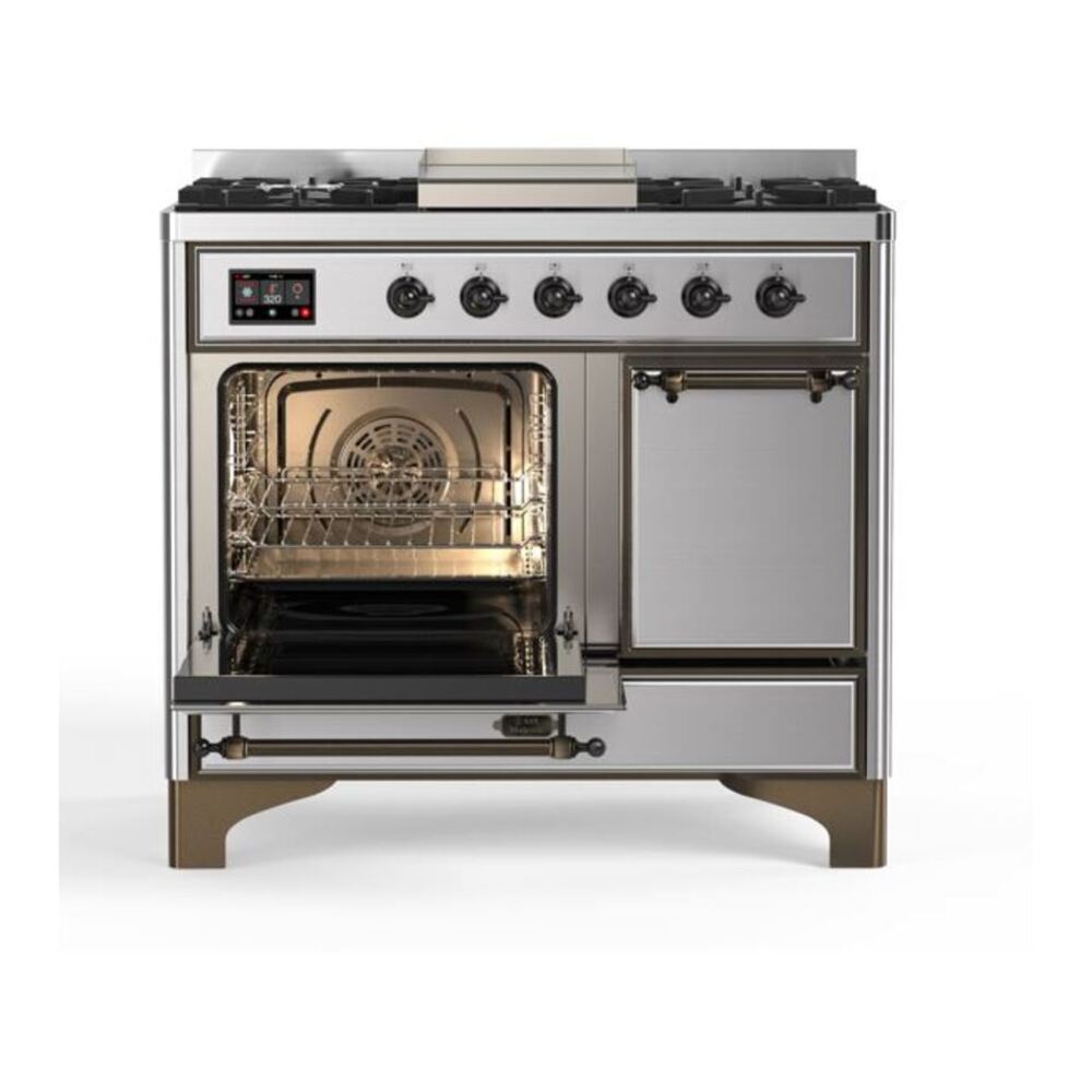 ILVE UMD10FDQNS3SSBLP Majestic II 40 inch Dual Fuel Range with 6 Burners, Griddle (Liquid Propane, Solid Door, Stainless Steel, Burnished) 7 ILVE_UMD10FDQNS3SSBLP_Majestic_II_40"_Dual_Fuel_Range_Left_Angle