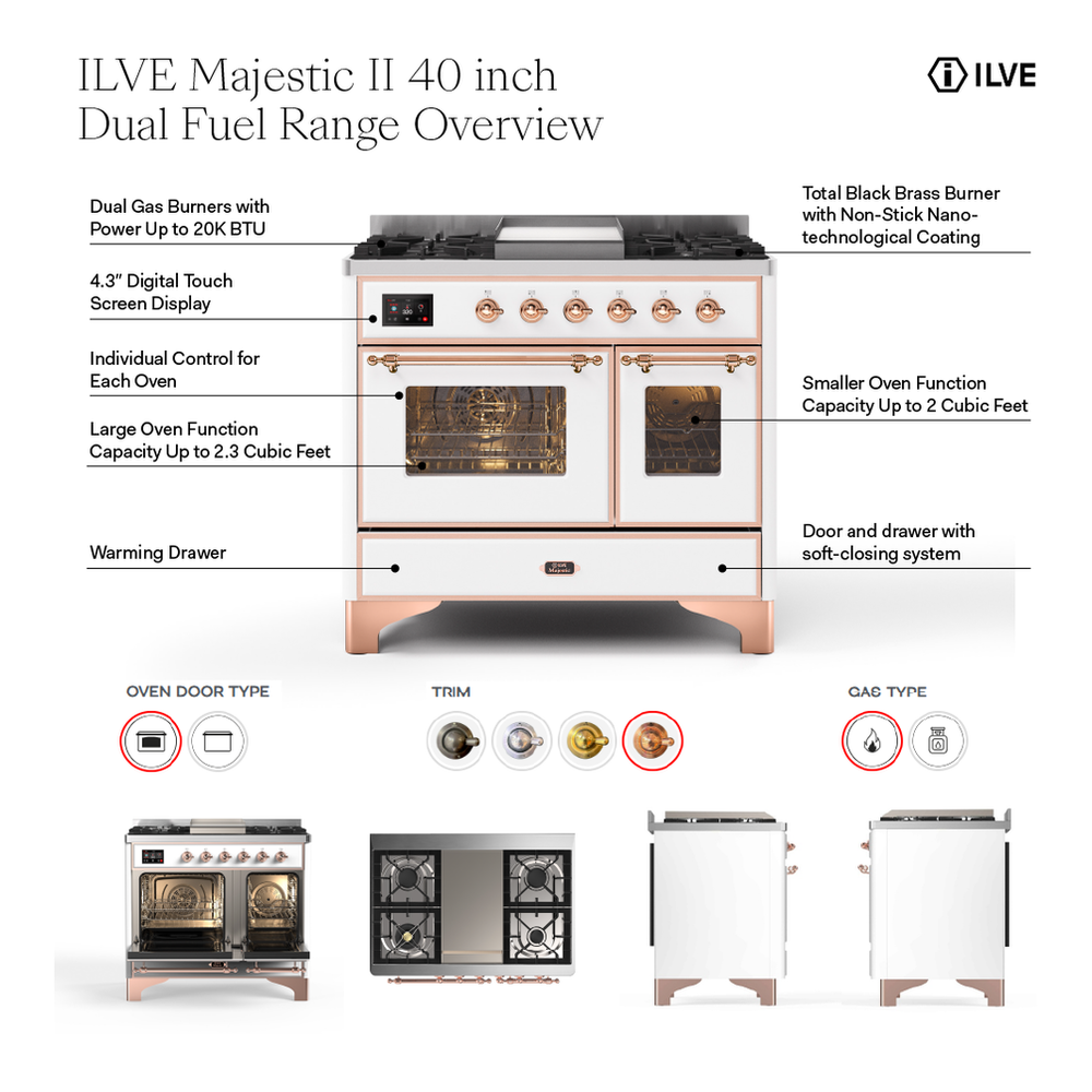 ILVE UMD10FDQNS3SSBLP Majestic II 40 inch Dual Fuel Range with 6 Burners, Griddle (Liquid Propane, Solid Door, Stainless Steel, Burnished) 2 UMD10FDQNS3SSBLP - overview