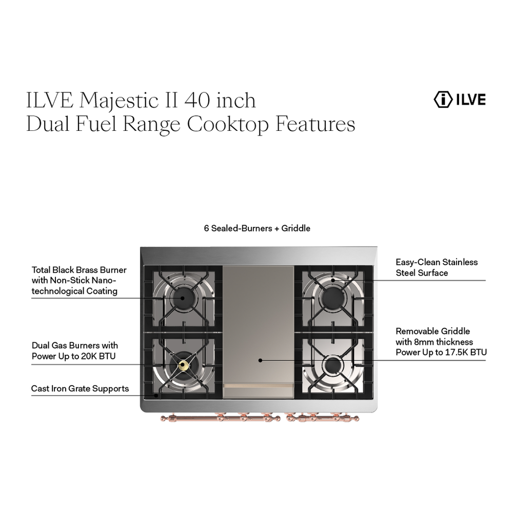 ILVE UMD10FDQNS3SSBLP Majestic II 40 inch Dual Fuel Range with 6 Burners, Griddle (Liquid Propane, Solid Door, Stainless Steel, Burnished) 4 UMD10FDQNS3SSBLP - cooktop features
