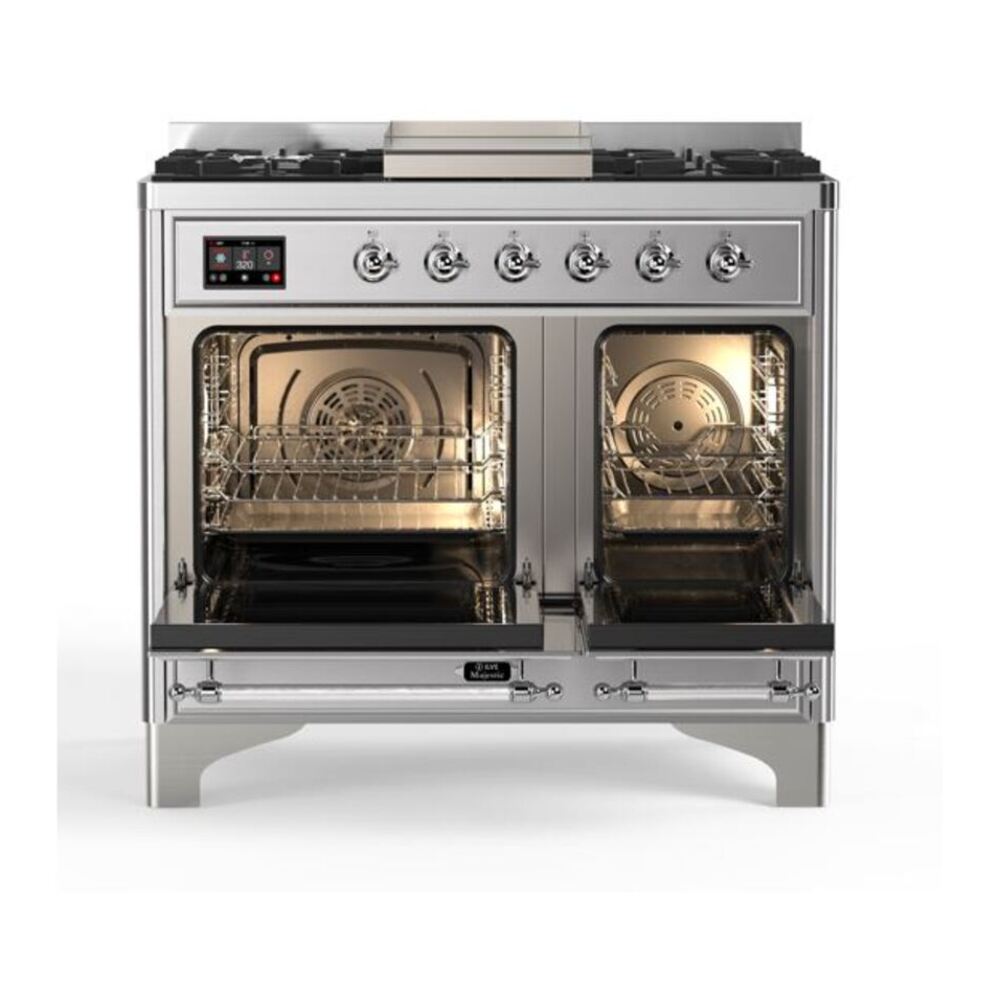 ILVE UMD10FDQNS3SSCLP Majestic II 40 inch Dual Fuel Range with 6 Burners, Griddle (Liquid Propane, Solid Door, Stainless Steel, Chrome) 6 ILVE_UMD10FDQNS3SSCLP_Majestic_II_40"_Dual_Fuel_Range_Top_Angle