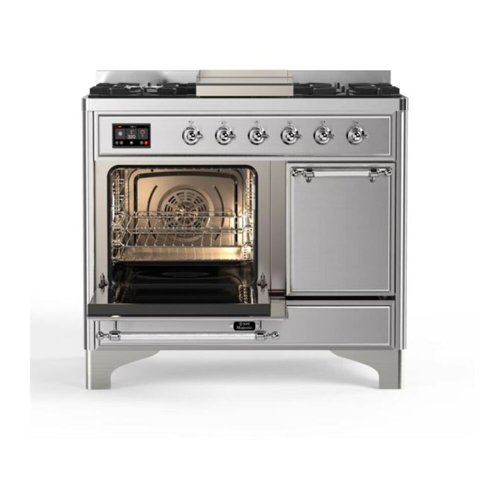 ILVE UMD10FDQNS3SSCLP Majestic II 40 inch Dual Fuel Range with 6 Burners, Griddle (Liquid Propane, Solid Door, Stainless Steel, Chrome) 7 ILVE_UMD10FDQNS3SSCLP_Majestic_II_40"_Dual_Fuel_Range_Left_Angle