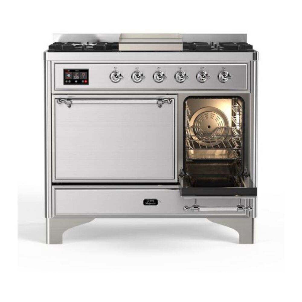 ILVE UMD10FDQNS3SSCLP Majestic II 40 inch Dual Fuel Range with 6 Burners, Griddle (Liquid Propane, Solid Door, Stainless Steel, Chrome) 8 ILVE_UMD10FDQNS3SSCLP_Majestic_II_40"_Dual_Fuel_Range_Right_Angle