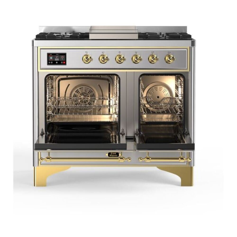 ILVE UMD10FDQNS3SSGLP Majestic II 40 inch Dual Fuel Range with 6 Burners, Griddle (Liquid Propane, Solid Door, Stainless Steel, Brass) 6 ILVE_UMD10FDQNS3SSGLP_Majestic_II_40"_Dual_Fuel_Range_Top_Angle