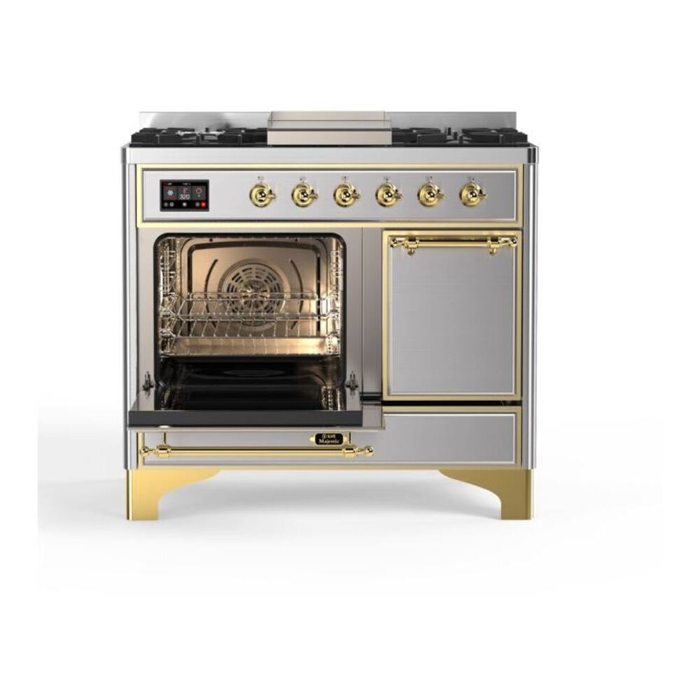 ILVE UMD10FDQNS3SSG Majestic II 40 inch Dual Fuel Range with 6 Burners, Griddle (Natural Gas, Solid Door, Stainless Steel, Brass) 7 ILVE_UMD10FDQNS3SSG_Majestic_II_40_Dual_Fuel_Range_Left_Angle