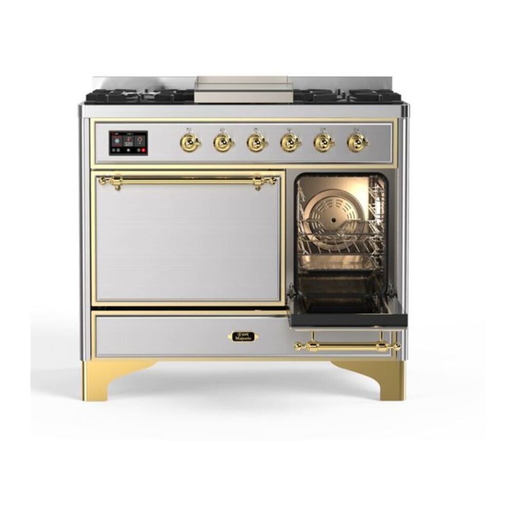 ILVE UMD10FDQNS3SSG Majestic II 40 inch Dual Fuel Range with 6 Burners, Griddle (Natural Gas, Solid Door, Stainless Steel, Brass) 8 ILVE_UMD10FDQNS3SSG_Majestic_II_40"_Dual_Fuel_Range_Right_Angle