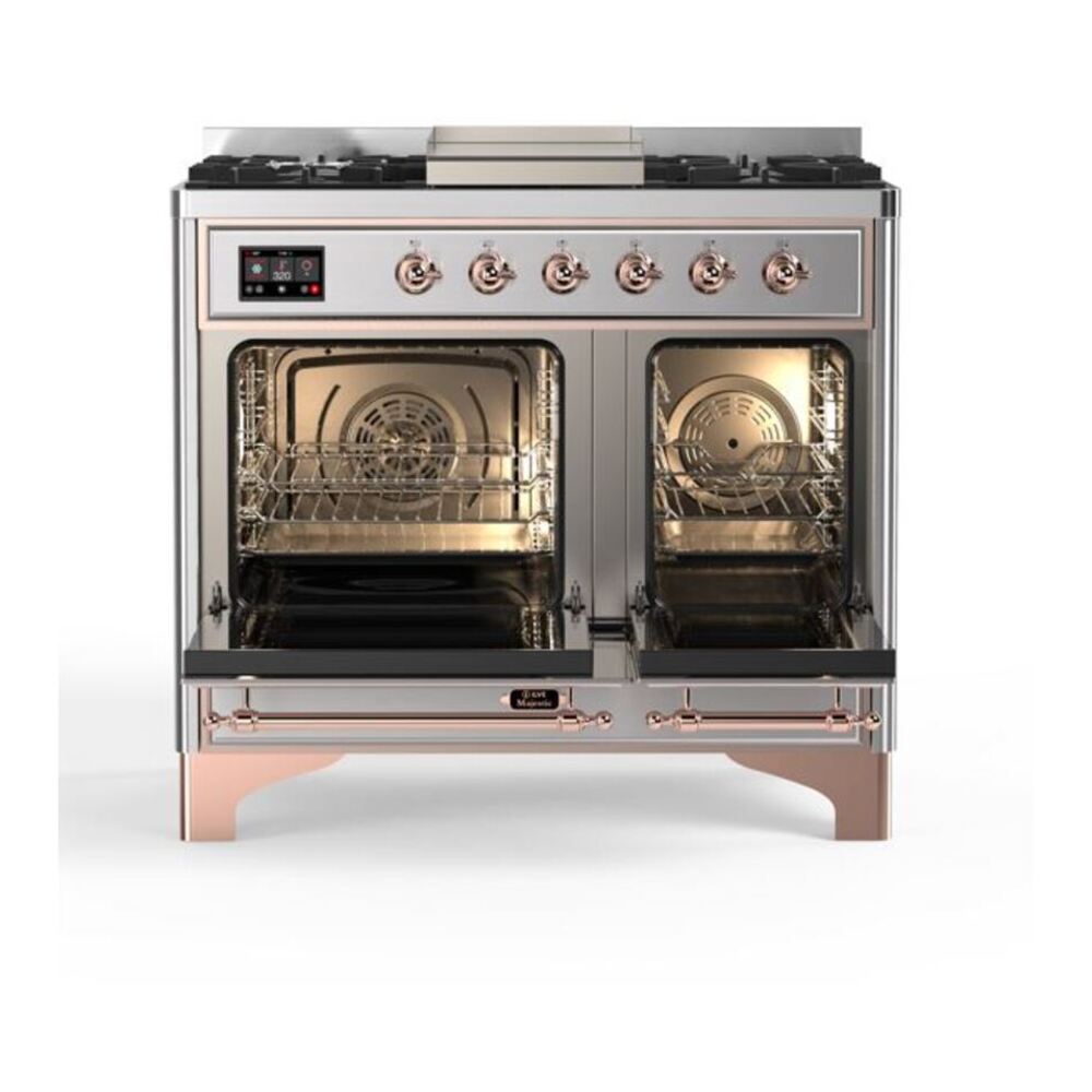 ILVE UMD10FDQNS3SSPLP Majestic II 40 inch Dual Fuel Range with 6 Burners, Griddle (Liquid Propane, Solid Door, Stainless Steel, Copper) 6 ILVE_UMD10FDQNS3SSPLP_Majestic_II_40"_Dual_Fuel_Range_Top_Angle