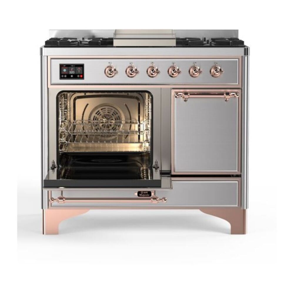 ILVE UMD10FDQNS3SSPLP Majestic II 40 inch Dual Fuel Range with 6 Burners, Griddle (Liquid Propane, Solid Door, Stainless Steel, Copper) 7 ILVE_UMD10FDQNS3SSPLP_Majestic_II_40"_Dual_Fuel_Range_Left_Angle