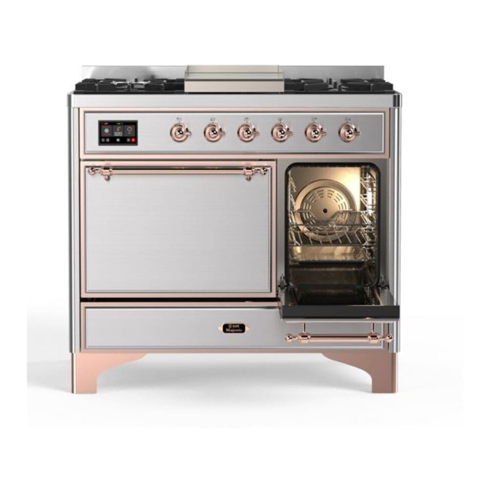 ILVE UMD10FDQNS3SSP Majestic II 40 inch Dual Fuel Range with 6 Burners, Griddle (Natural Gas, Solid Door, Stainless Steel, Copper) 8 ILVE_UMD10FDQNS3SSP_Majestic_II_40"_Dual_Fuel_Range_Right_Angle