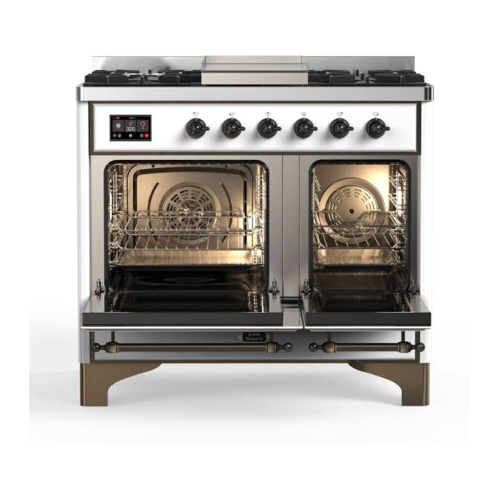 ILVE UMD10FDQNS3WHB Majestic II 40 inch Dual Fuel Range with 6 Burners, Griddle (Natural Gas, Solid Door, White, Burnished) 6 ILVE_UMD10FDQNS3WHB_Majestic_II_40_Dual_Fuel_Range_Top_Angle
