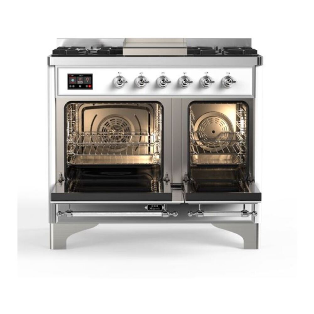 ILVE UMD10FDQNS3WHC Majestic II 40 inch Dual Fuel Range with 6 Burners, Griddle (Natural Gas, Solid Door, White, Chrome) 6 ILVE_UMD10FDQNS3WHC_Majestic_II_40_Dual_Fuel_Range_Top_Angle