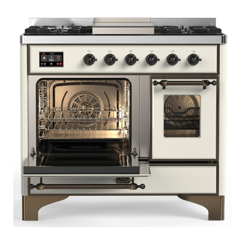 ILVE UMD40FNR3AWBLP Majestic III 40 inch Dual Fuel Range with 6 Burners and Griddle, Dual Function Burner up to 25,000 BTU (Liquid Propane, Triple Glass Door, Antique White, Burnished) 3 ILVE-UMD40FNR3AWBLP-Primary Oven Open View